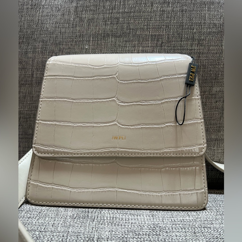 JW PEI Mini Flap Vegan Croc Embossed Leather Ivory Cream Crossbody Bag